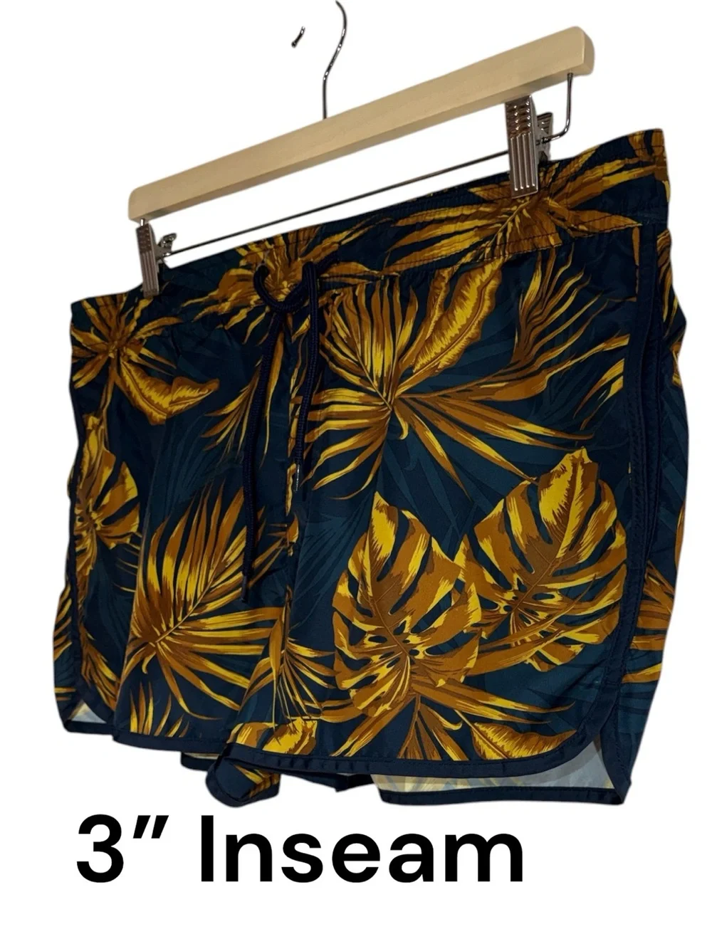 H&M Navy Blue & Gold Tropical Leaf Print Swim Shorts Size M